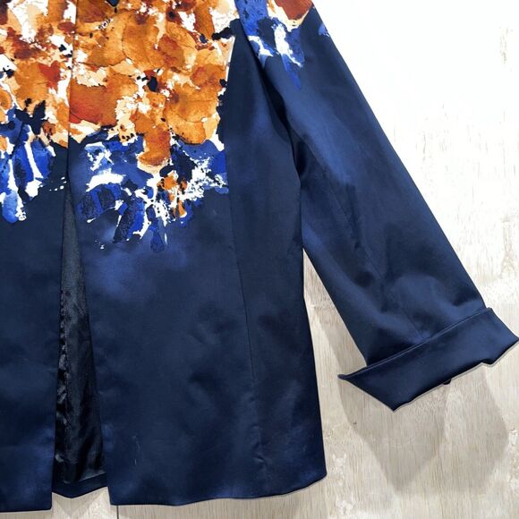NWT Ellen Tracy Ink Blue Orange Abstract Floral Swing Cotton Blazer Jacket Sz 10 - Picture 3 of 11